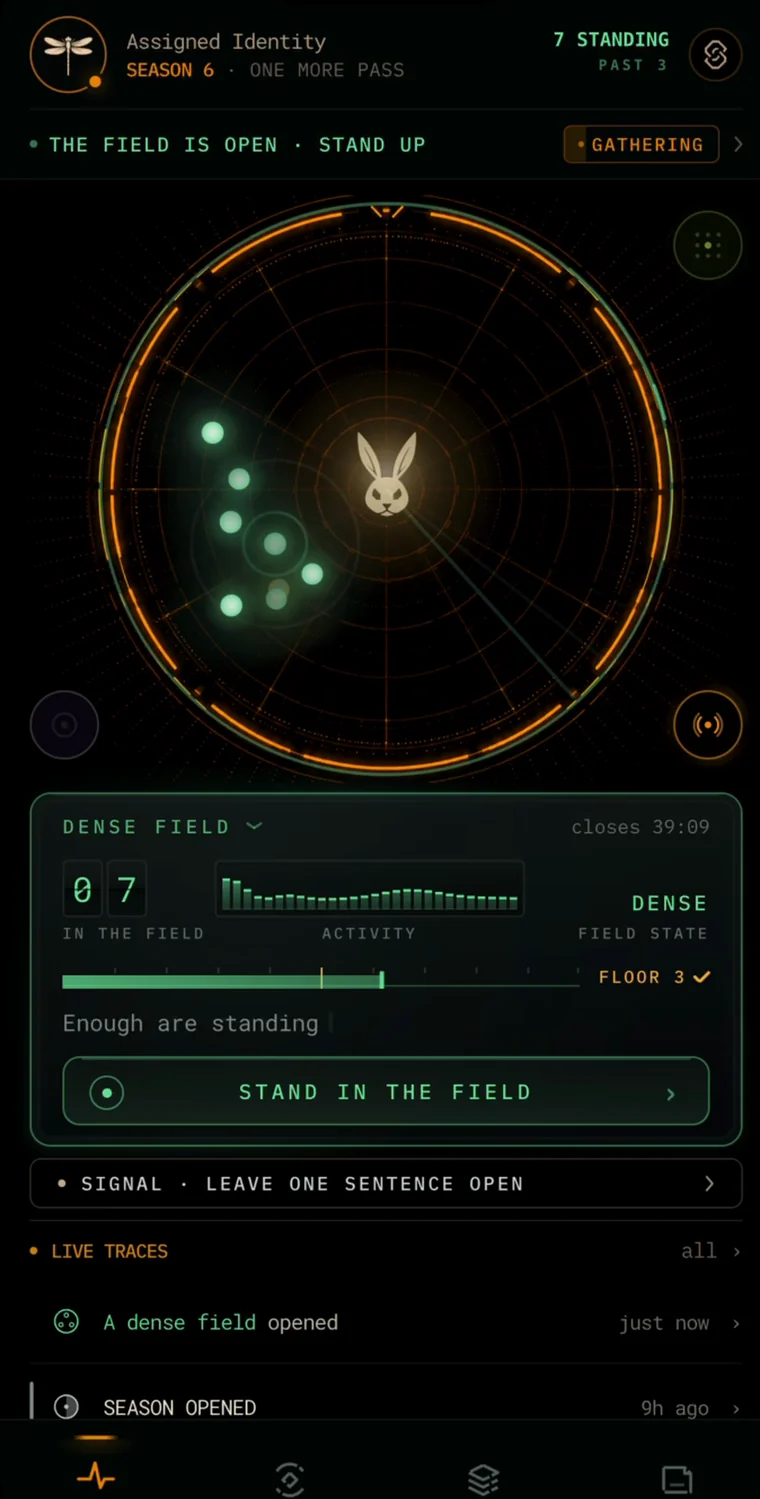 A dense field: seven green standing marks gathered on the radar, the floor cleared, Stand in the field
