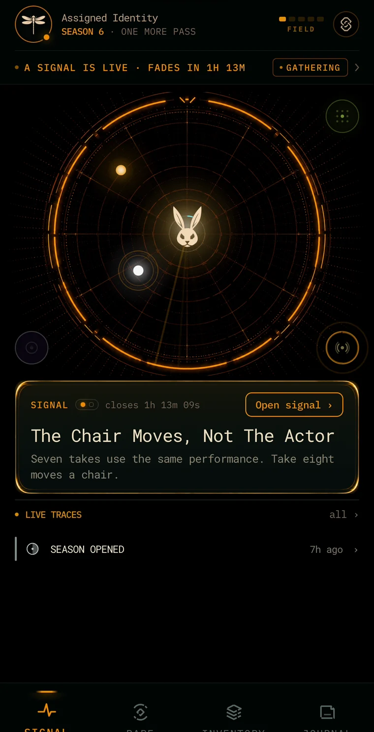 The signal hub: an amber radar with the live signal, a pulse leaving a mark where someone just answered, and the signal card below — The Chair Moves, Not The Actor