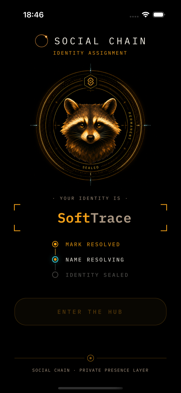 Identity assignment: a low-poly animal mark sealed in an amber ring with a generated name