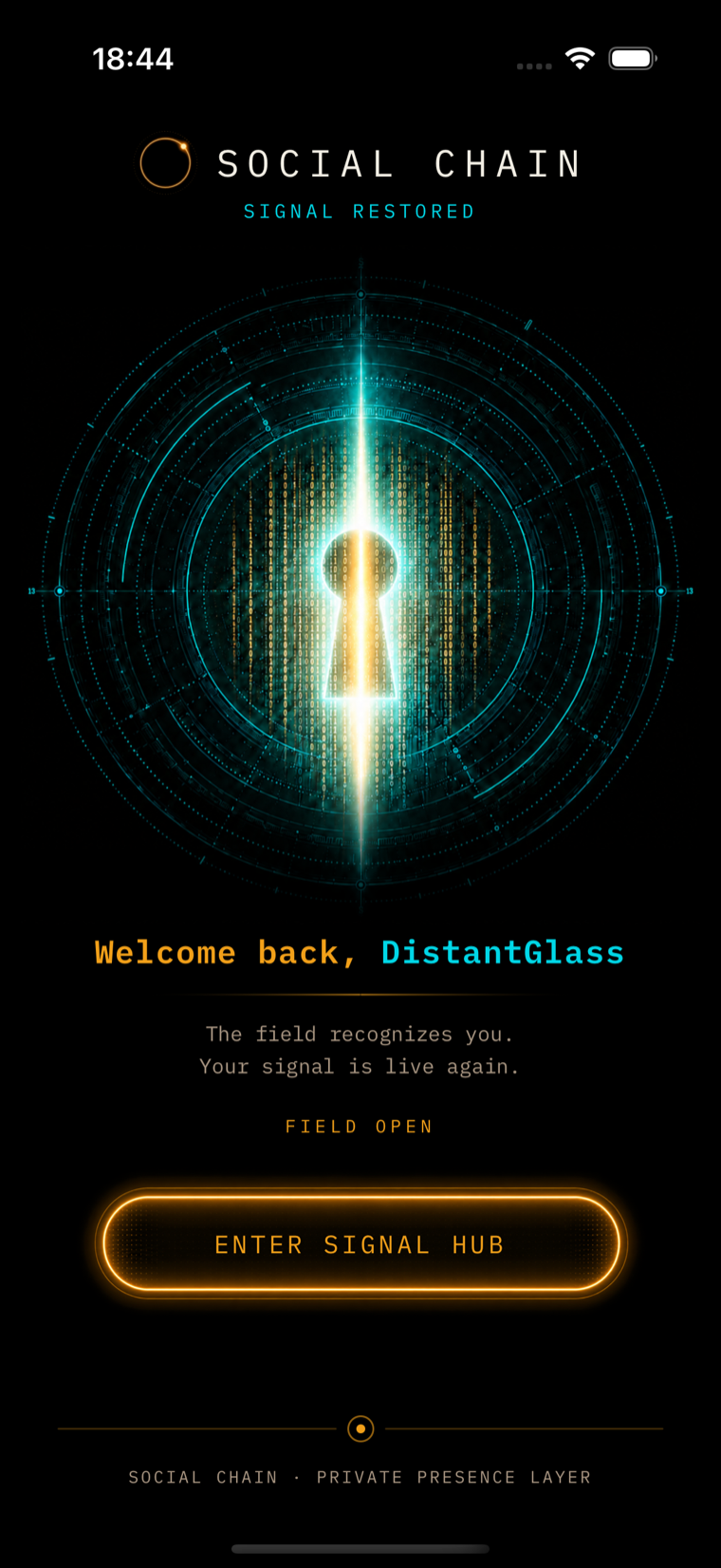 The field restored: a luminous keyhole of light, Welcome back — your signal is live again