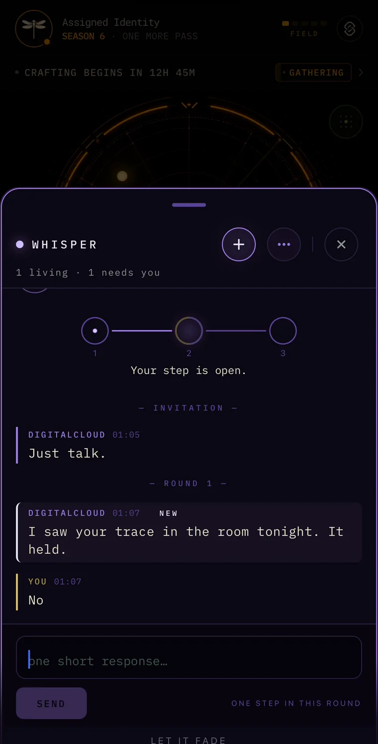 A whisper thread: round one of three, an invitation that reads Just talk, and a short exchange